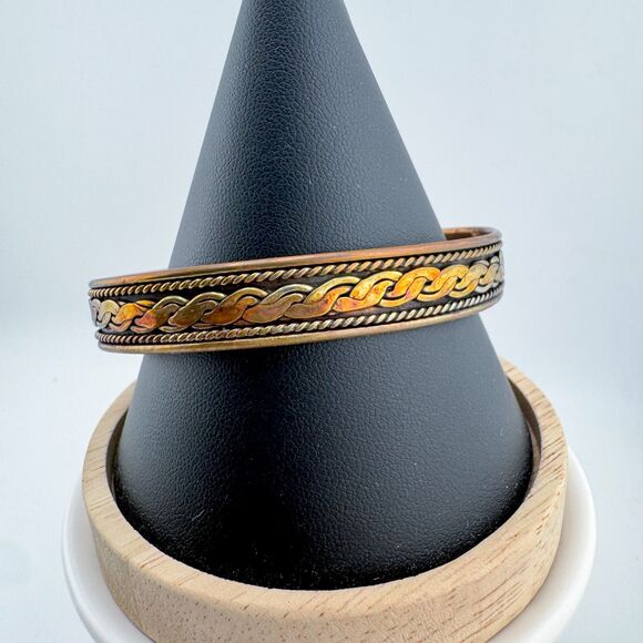 Vintage Copper Brass Cuff Bracelet Swirl Design Mixed Metal Boho Unisex Retro - Picture 4 of 7
